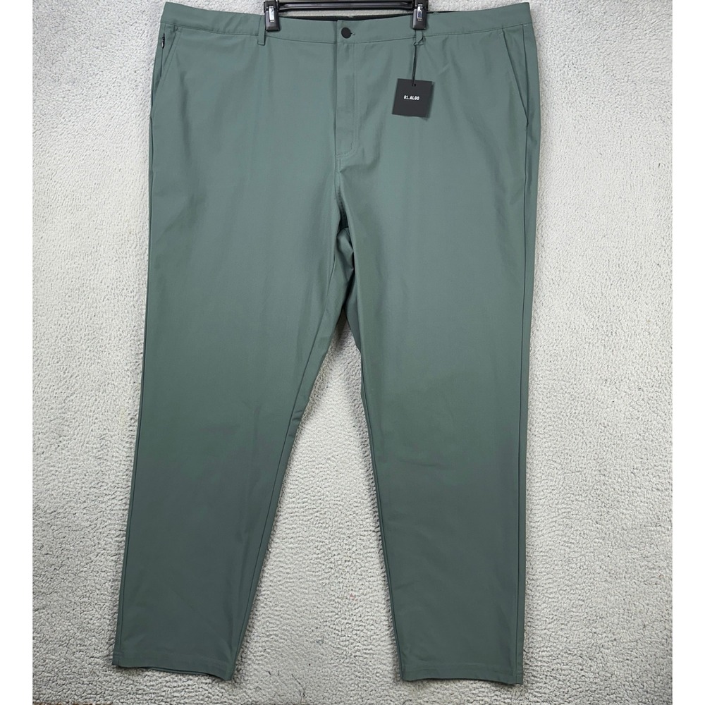 01.Algo Mens Performance Tech Chino Pants 46 Green Wicking Flat‎ Front Golf NEW
